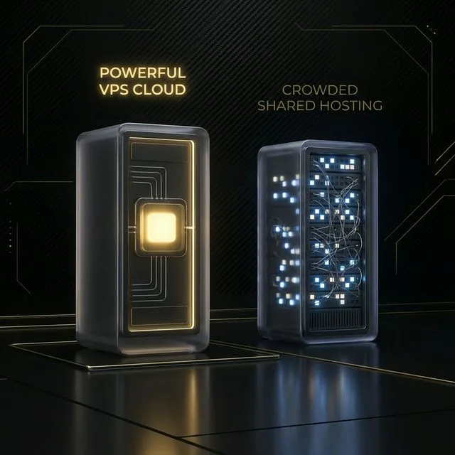 Ilustración editorial: VPS vs Hosting Compartido: ¿Tu servidor te está frenando?