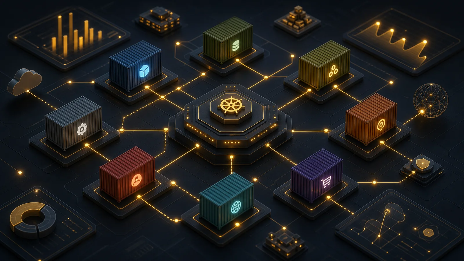 Ilustración editorial: Arquitectura de Microservicios con Docker y Kubernetes: El Futuro de la Ingeniería Digital